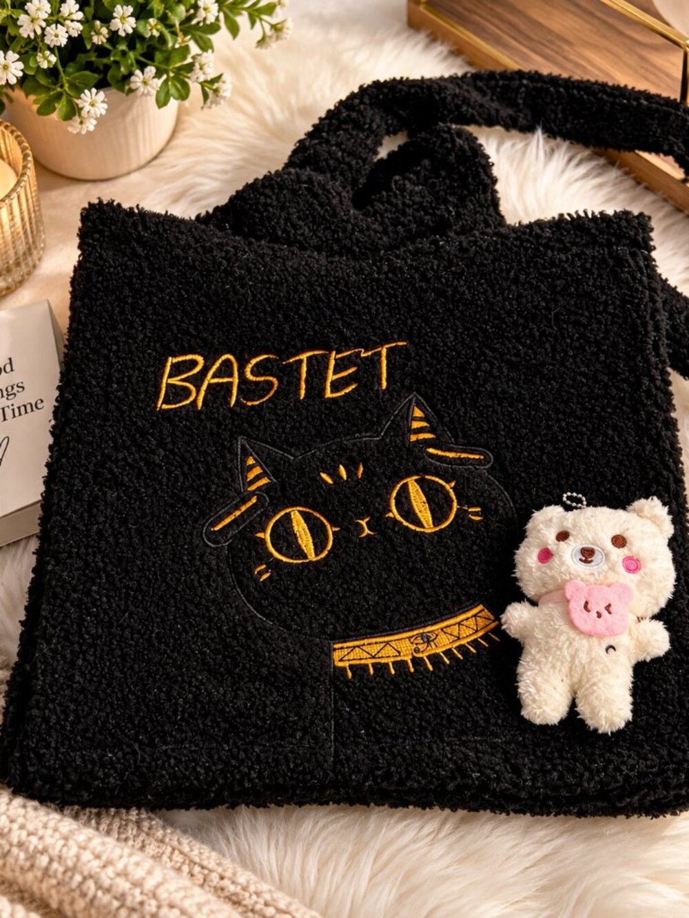 Bastet Black Sherpa Tote Bag with Keychain Charm & Embroidery